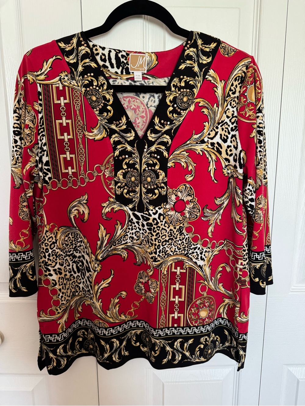 JM Collection Red, Black & Gold Baroque Chain V-Neck Tunic